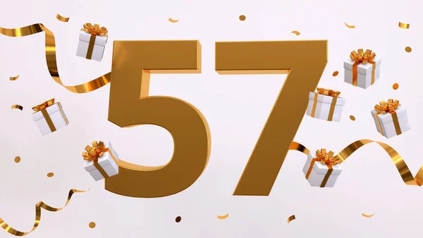 Happy 57 birthday party celebration. Gold numbers with glitter gold confetti, serpentine, gifts. Festive background. Decoration for party event. Jubilee celebration. 3d render illustration