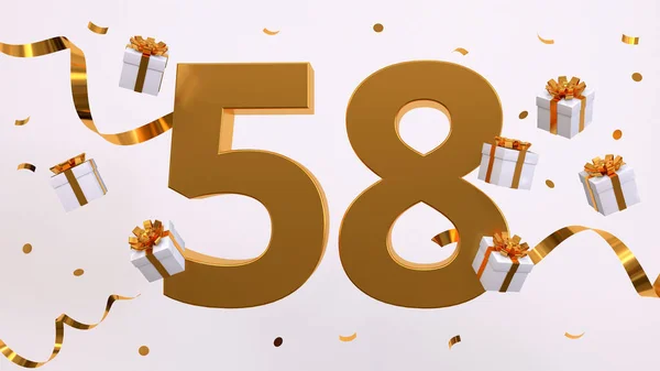 Happy 58 birthday party celebration. Gold numbers with glitter gold confetti, serpentine, gifts. Festive background. Decoration for party event. Jubilee celebration. 3d render illustration