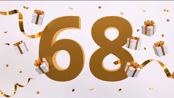 Happy 68 birthday party celebration. Gold numbers with glitter gold confetti, serpentine, gifts. Festive background. Decoration for party event. Jubilee celebration. 3d render illustration