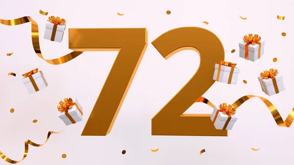 Happy 72 birthday party celebration. Gold numbers with glitter gold confetti, serpentine, gifts. Festive background. Decoration for party event. Jubilee celebration. 3d render illustration