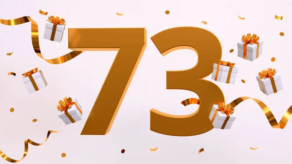 Happy 73 birthday party celebration. Gold numbers with glitter gold confetti, serpentine, gifts. Festive background. Decoration for party event. Jubilee celebration. 3d render illustration