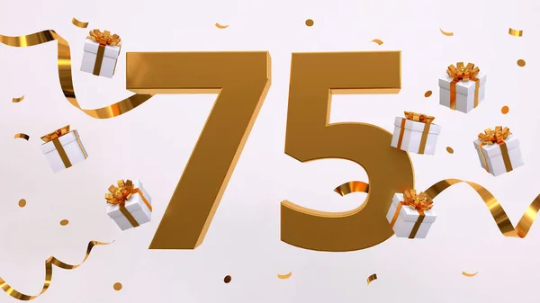 Happy 75 birthday party celebration. Gold numbers with glitter gold confetti, serpentine, gifts. Festive background. Decoration for party event. Jubilee celebration. 3d render illustration