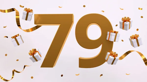 Happy 79 birthday party celebration. Gold numbers with glitter gold confetti, serpentine, gifts. Festive background. Decoration for party event. Jubilee celebration. 3d render illustration
