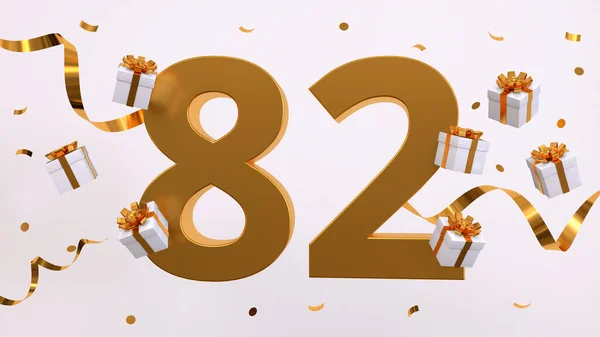 Happy 82 birthday party celebration. Gold numbers with glitter gold confetti, serpentine, gifts. Festive background. Decoration for party event. Jubilee celebration. 3d render illustration