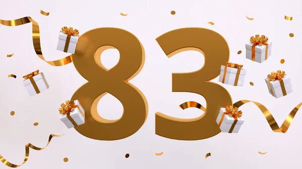 Happy 83 birthday party celebration. Gold numbers with glitter gold confetti, serpentine, gifts. Festive background. Decoration for party event. Jubilee celebration. 3d render illustration