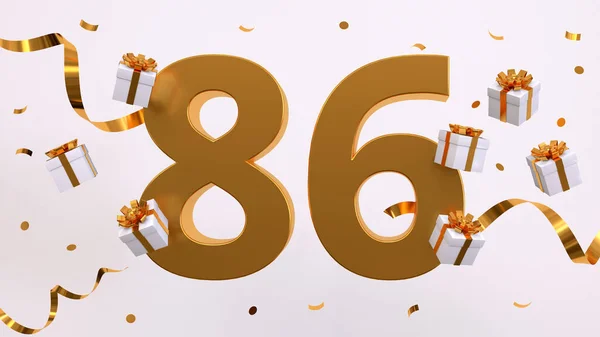 Happy 86 birthday party celebration. Gold numbers with glitter gold confetti, serpentine, gifts. Festive background. Decoration for party event. Jubilee celebration. 3d render illustration