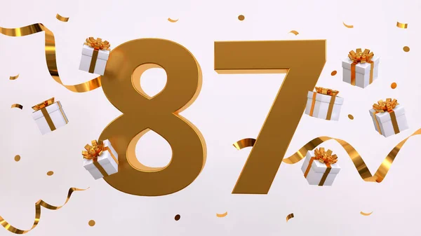 Happy 87 birthday party celebration. Gold numbers with glitter gold confetti, serpentine, gifts. Festive background. Decoration for party event. Jubilee celebration. 3d render illustration
