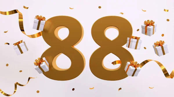Happy 88 birthday party celebration. Gold numbers with glitter gold confetti, serpentine, gifts. Festive background. Decoration for party event. Jubilee celebration. 3d render illustration