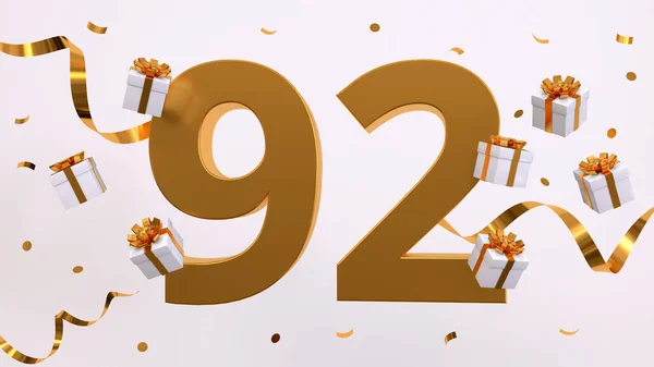 Happy 92 birthday party celebration. Gold numbers with glitter gold confetti, serpentine, gifts. Festive background. Decoration for party event. Jubilee celebration. 3d render illustration