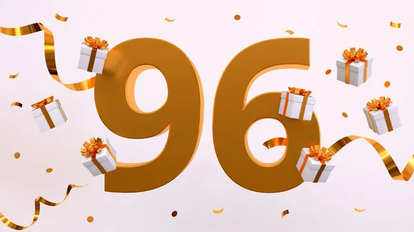 Happy 96 birthday party celebration. Gold numbers with glitter gold confetti, serpentine, gifts. Festive background. Decoration for party event. Jubilee celebration. 3d render illustration
