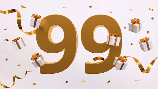 Happy 99 birthday party celebration. Gold numbers with glitter gold confetti, serpentine, gifts. Festive background. Decoration for party event. Jubilee celebration. 3d render illustration
