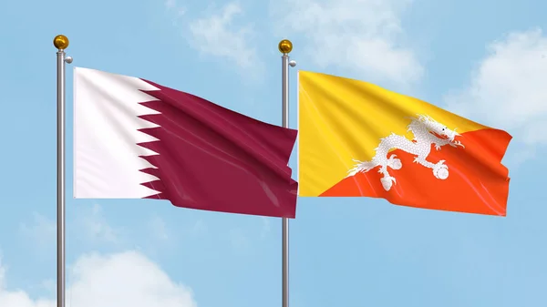 Zwaaiende Vlaggen Van Qatar Bhutan Hemelse Achtergrond Illustreren Van Internationale Rechtenvrije Stockafbeeldingen