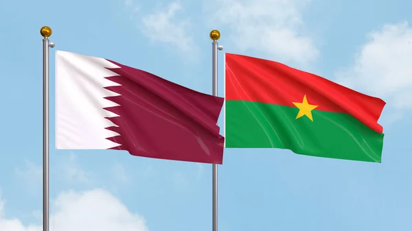 Zwaaien Vlaggen Van Qatar Burkina Faso Lucht Achtergrond Illustreren Van Rechtenvrije Stockfoto's