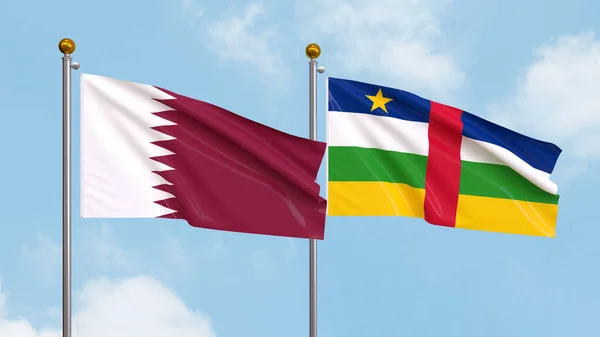 Sventolando Bandiere Del Qatar Della Repubblica Centrafricana Sullo Sfondo Del Fotografia Stock