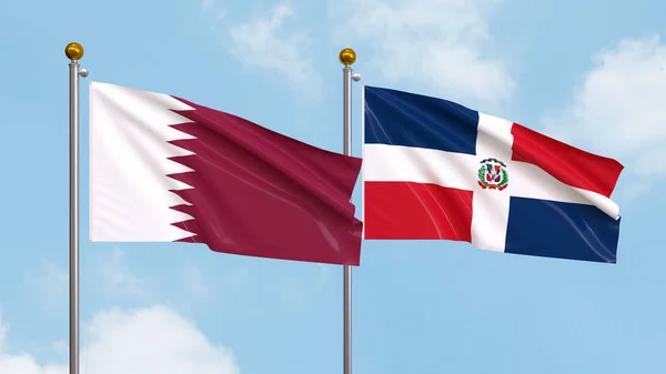 Sventolando Bandiere Del Qatar Della Repubblica Dominicana Sfondo Cielo Illustrare Fotografia Stock