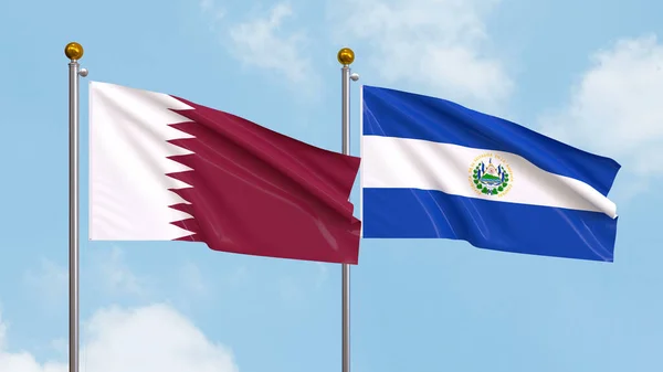 Mávání Vlajkami Kataru Salvadoru Pozadí Oblohy Ilustrace Mezinárodní Diplomacie Přátelství Royalty Free Stock Obrázky