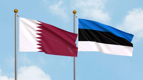 Zwaaien Vlaggen Van Qatar Estland Lucht Achtergrond Illustreren Van Internationale Rechtenvrije Stockafbeeldingen