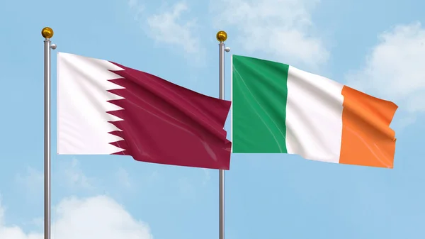 Mávání Vlajkami Kataru Irska Pozadí Oblohy Ilustrace Mezinárodní Diplomacie Přátelství Royalty Free Stock Obrázky