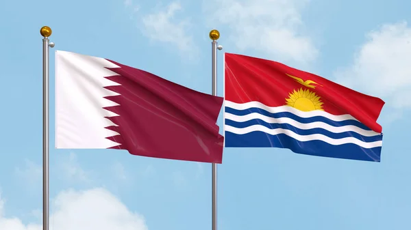 Zwaaien Vlaggen Van Qatar Kiribati Lucht Achtergrond Illustreren Van Internationale Stockfoto