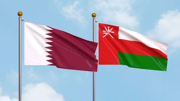 Zwaaiende Vlaggen Van Qatar Oman Hemelse Achtergrond Illustreren Van Internationale Rechtenvrije Stockfoto's