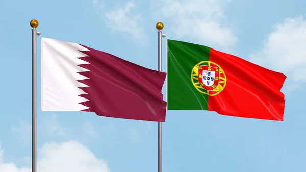 Sventolando Bandiere Del Qatar Del Portogallo Sullo Sfondo Del Cielo Immagine Stock