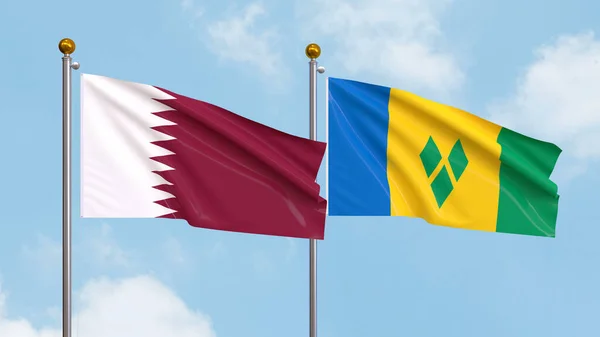 Zwaaien Vlaggen Van Qatar Saint Vincent Grenadines Lucht Achtergrond Illustreren Stockafbeelding