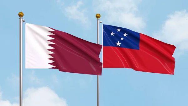 Gökyüzü Arka Planında Katar Samoa Bayrakları Sallıyor Uluslararası Diplomasi Dostluk Stok Resim