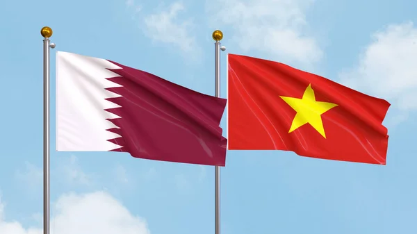 Zwaaien Vlaggen Van Qatar Vietnam Lucht Achtergrond Illustreren Van Internationale Stockfoto
