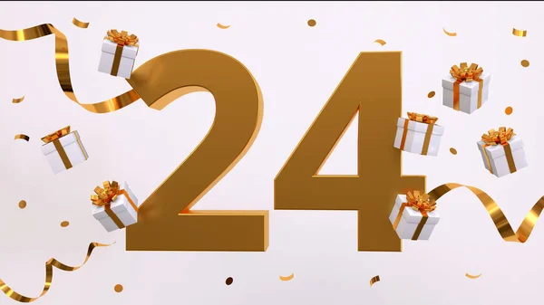 Gelukkige Vierentwintigste Verjaardag Gouden Nummers Met Glitter Gouden Confetti Serpentijn Stockafbeelding