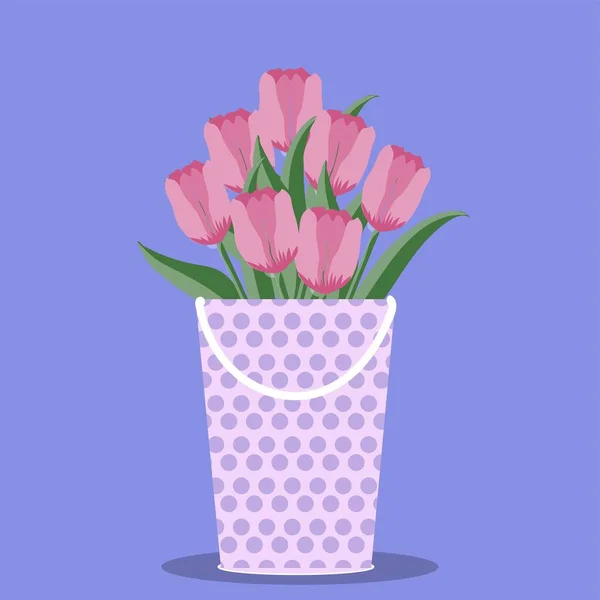 Watercolor Pink Tulips Bouquet Tin Bucket Isolated White Background Spring — Stock Vector