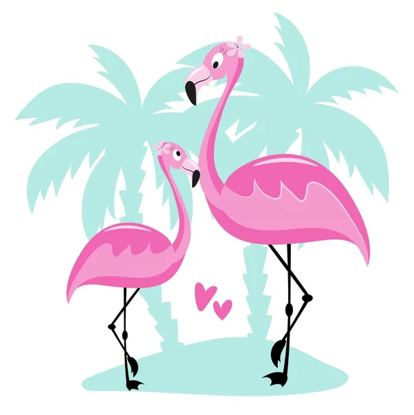 Tropik Pembe Flamingo Palmiye Ağaçları Çiçeksiz Beyaz Arka Plan Egzotik — Stok Vektör