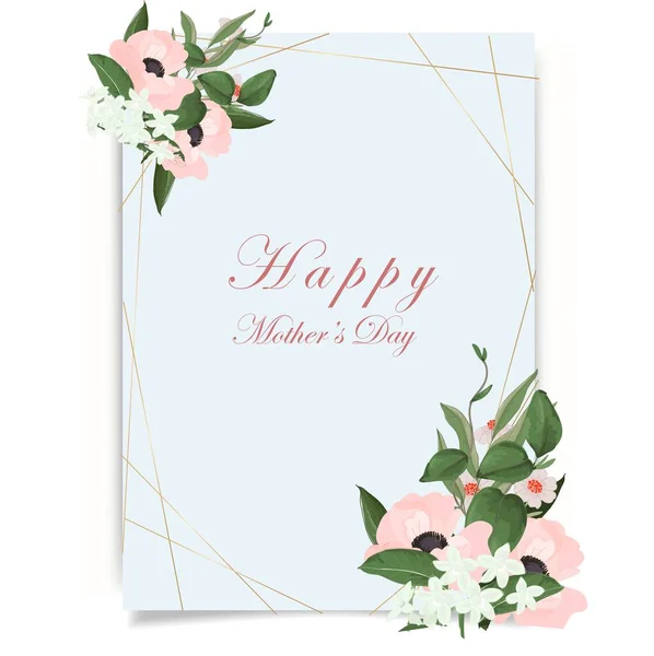 Ευτυχισμένη Ημέρα Της Μητέρας Ευχετήρια Κάρτα Φωτεινά Λουλούδια Πράσινα Φύλλα — Διανυσματικό Αρχείο