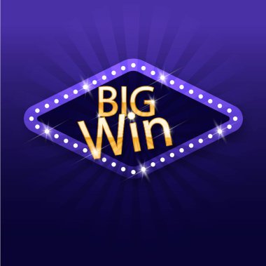  Big win. Retro big win congratulation banner with glowing light bulbs and golden confetti on a burst purple background. Winners of poker, jackpot, roulette, cards or lottery clipart