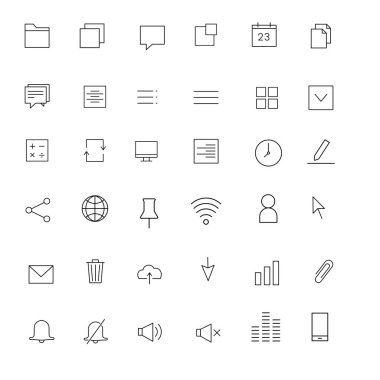 Kullanıcı arayüzü temel satır simgeleri seti, ana hat vektör sembolü koleksiyonu, doğrusal stil pictogram paketi. Ev, güvenlik, ses, çöp, seçenekler, menü olarak simgeleri içerir