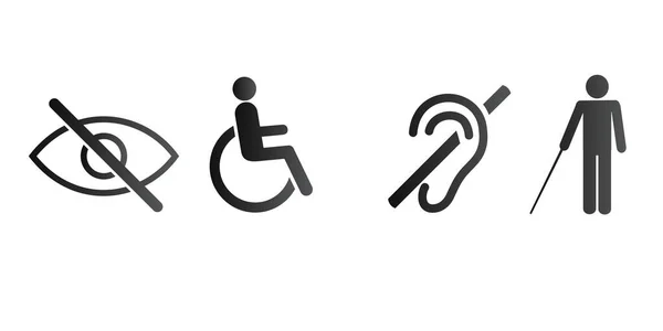 障害のある人にサインします 車椅子に座っている障害者 杖を持っている人 視覚障害者 聴覚障害者 パブリックスペース Webデザイン およびアプリデザインのための必須アイコン — ストックベクタ