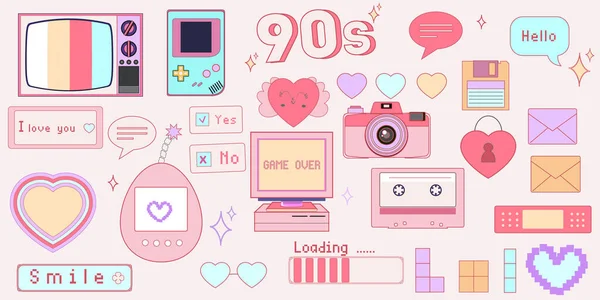 Moda retro y2k tarzında kocaman bir çıkartma paketi. Oyuncu Kawaii elementleri ayarlandı. Eski oyun teknolojisi. Cazibeli 2000 'ler. 1990 'lar - 2000' ler için nostalji.