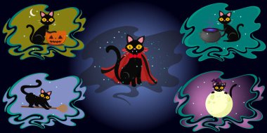 Bir dizi çizgi roman Cadılar Bayramı çıkartması. Cadılar Bayramı karakterli çıkartmalar. Balkabaklı şirin kediler, süpürge sapı üzerinde, iksirle, Cat Dracula
