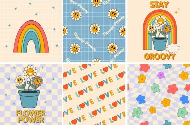 70 'lerin havalı hippi posterleri. Komik karikatür çiçeği, gökkuşağı, aşk, papatya vs. Moda retro saykodelik çizgi film tarzında vektör kartları. Vektör geçmişi. Çiçek gücü. Havalı kal. İyi titreşimler.