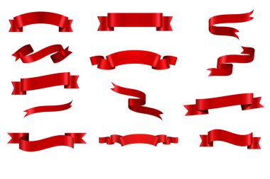 Kırmızı kurdele li sancak. İndirim teklif ve hediye için Scarlet ipek dekoratif boş parlak bant afiş. Gerçekçi 3d izole vektör seti