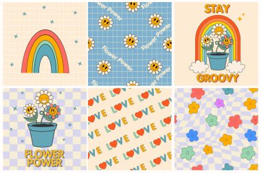 70 'lerin havalı hippi posterleri. Komik karikatür çiçeği, gökkuşağı, aşk, papatya vs. Moda retro saykodelik çizgi film tarzında vektör kartları. Vektör geçmişi. Çiçek gücü. Havalı kal. İyi titreşimler.