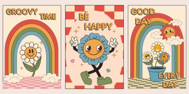 70 'lerin duvar sanat arka plan vektörünün koleksiyonu. Eski duvar dekorasyonu, harika, gülümseyen çiçekler, yazı tipleri, kalp. İç mimari, dekoratif, afiş, kapak, duvar tasarımı için klasik hippi posteri.