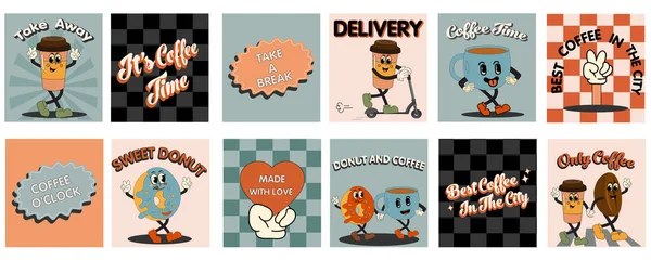 Кофе Ретро Мультфильм Постеры Быстрого Питания Открытки Лозунг Комического Персонажа — стоковый вектор