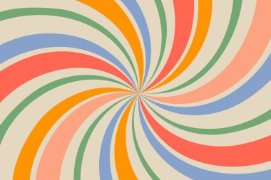 Sarmal veya kıvrımlı radyal çizgili dizaynlı mavi, kırmızı ve bej renkte klasik renk paleti ile geçmişe dönük güneş patlaması vektör arkaplanı. Vetor illüstrasyonu