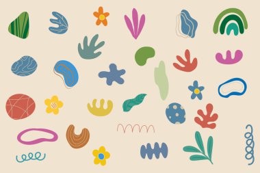 Bir karalama elemanı vektör çizimi seti. Soyut organik şekillerin ve çizgilerin el çizimi renkli ikon koleksiyonu, karalama, çiçek, yaprak. Çizgi roman, logo, dövme, çıkartma, dekorasyon için tasarım