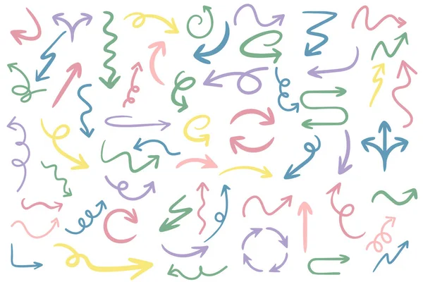 Serie Varie Frecce Disegnate Mano Forme Spessori Diversi Colori Vivaci — Vettoriale Stock
