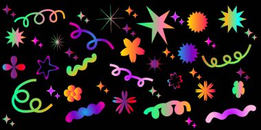 Gaddar, soyut geometrik şekiller, çıkartma paketleri hazırla. Çağdaş şekil spiral, çiçekler, yıldız, çizgiler. Harika funky çiçek, baloncuk, yıldız, döngü, modaya uygun 90 'lar çizgi film tarzında dalgalar. Vektör