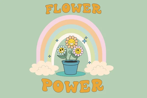 Groovy Hippie 70S Flower Power Grappige Cartoon Bloem Regenboog Madeliefje — Stockvector
