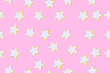 Barbie tarzı. Pembe arka planda voluminöz pastel yıldızlı kusursuz vektör deseni. Dikiş, yama, baskı, tasarım, kumaş, tekstil kumaş, kumaş için pamuk kumaş. Vektör illüstrasyonu