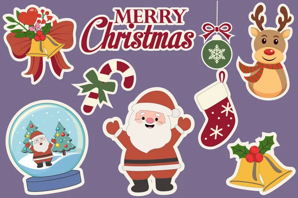 80-90 'ların klasik Noel simgesi çıkartmaları. Mutlu Noeller ve yeni yıl için kutlama etkinliği. Renk arkaplanı üzerinde vektör clipart illüstrasyonu
