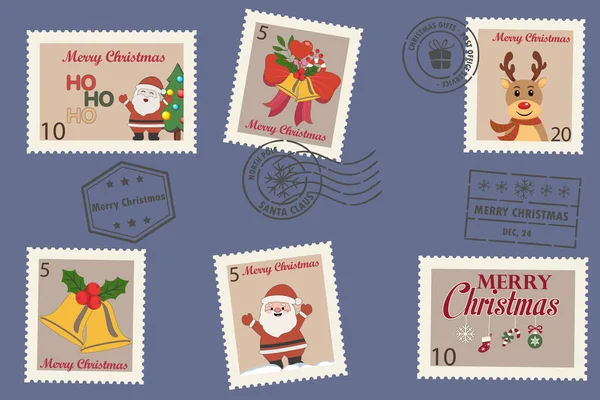 Χριστουγεννιάτικα Γραμματόσημα Ρετρό Χαρακτήρες Κινουμένων Σχεδίων Και Στοιχεία Καλά Χριστούγεννα — Διανυσματικό Αρχείο